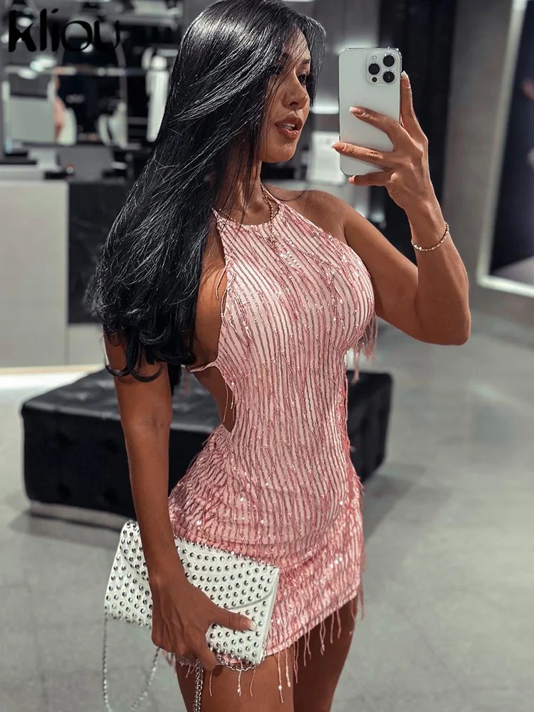 Shiny Tassel Halter Backless Mini Party Clubwear Dress