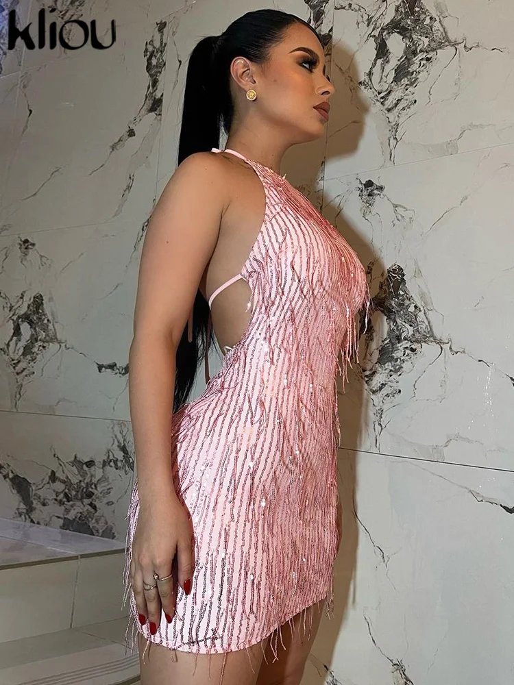 Shiny Tassel Halter Backless Mini Party Clubwear Dress
