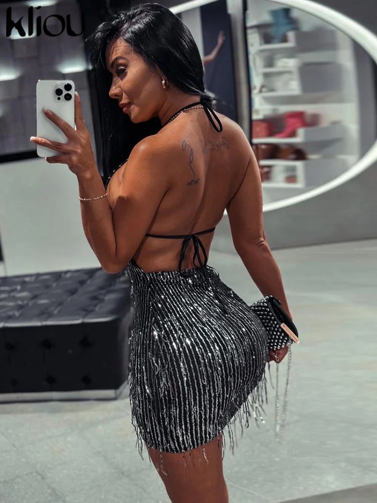 Shiny Tassel Halter Backless Mini Party Clubwear Dress