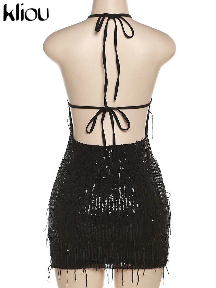 Shiny Tassel Halter Backless Mini Party Clubwear Dress