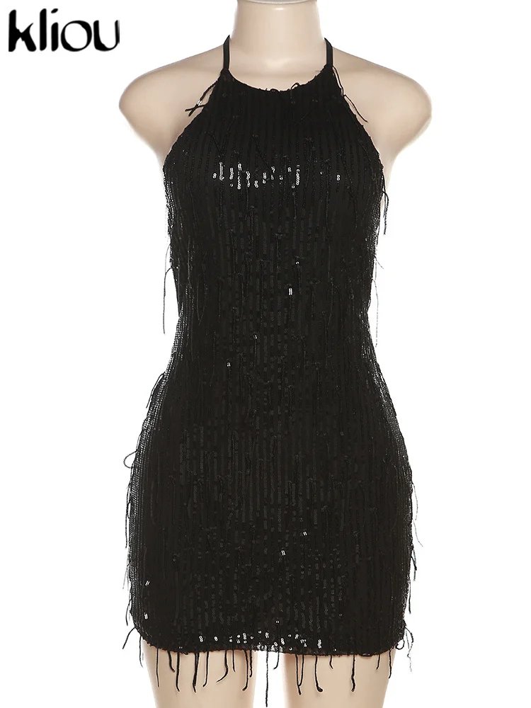 Shiny Tassel Halter Backless Mini Party Clubwear Dress