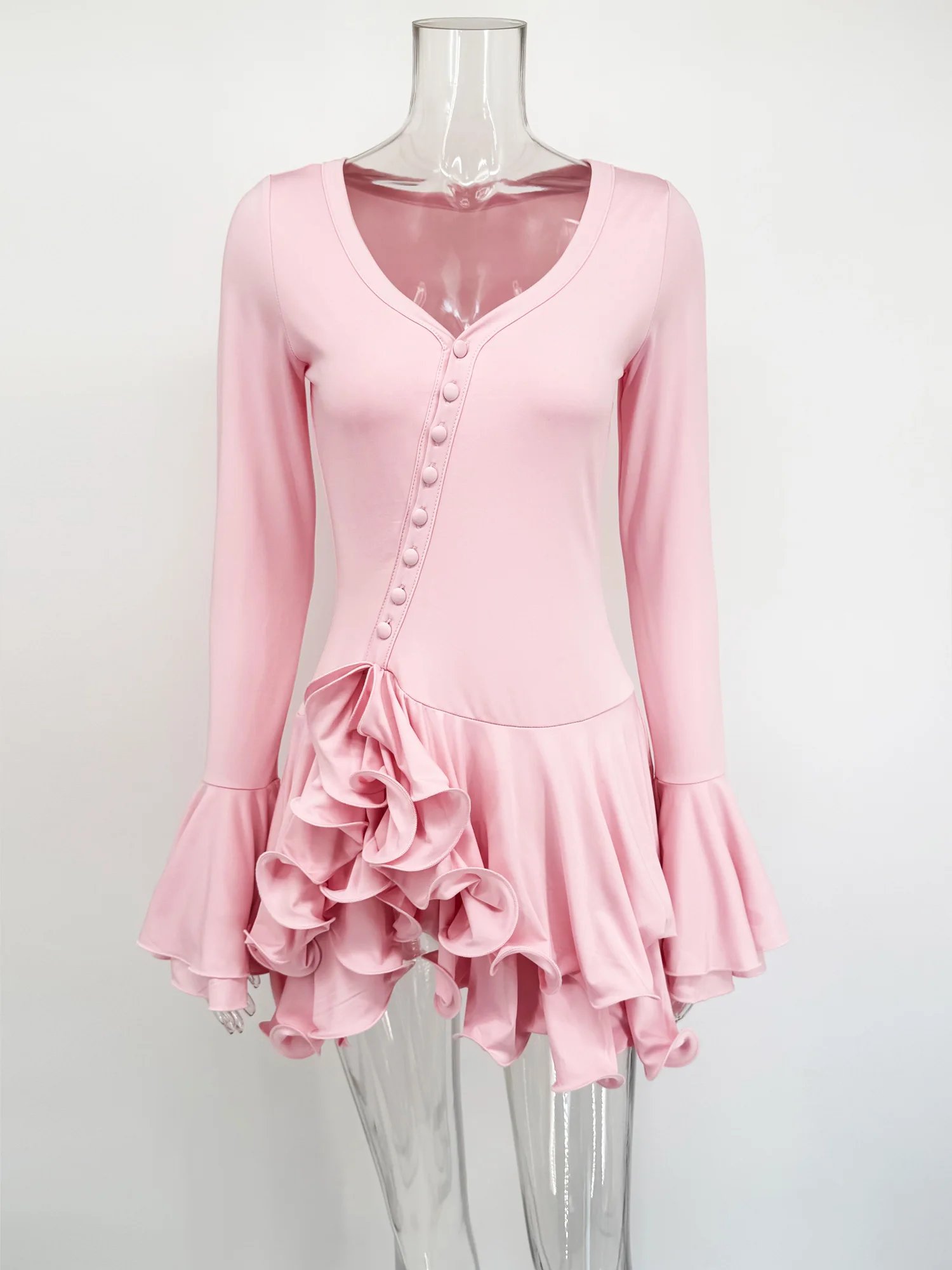 Long Sleeve Ruffled V-Neck Bodycon Mini Dress