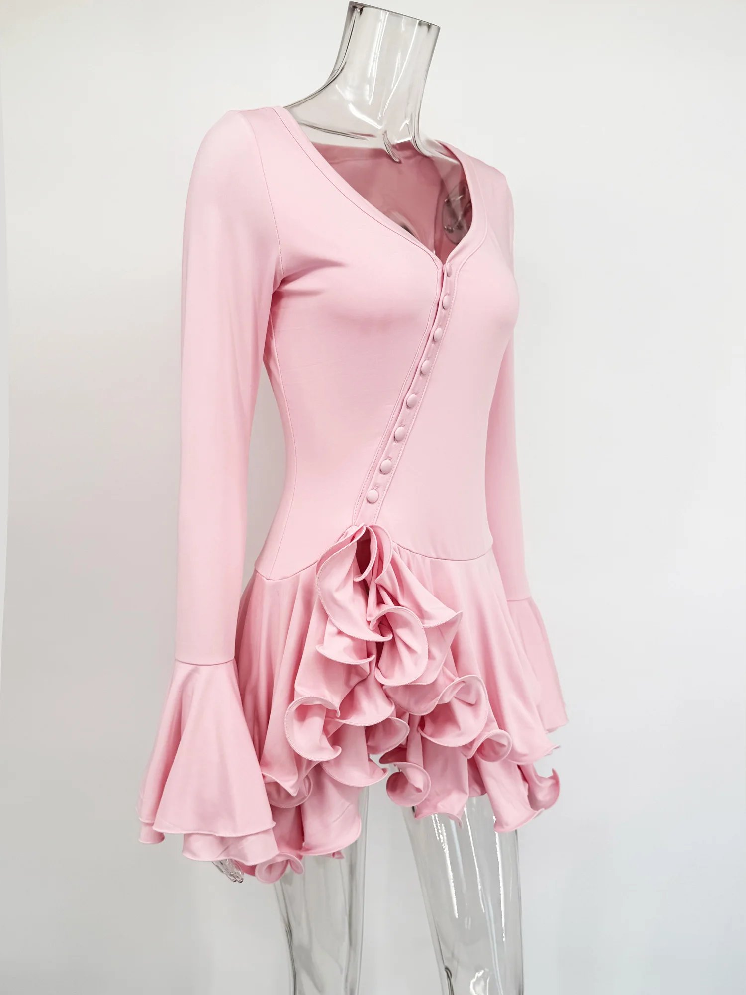 Long Sleeve Ruffled V-Neck Bodycon Mini Dress