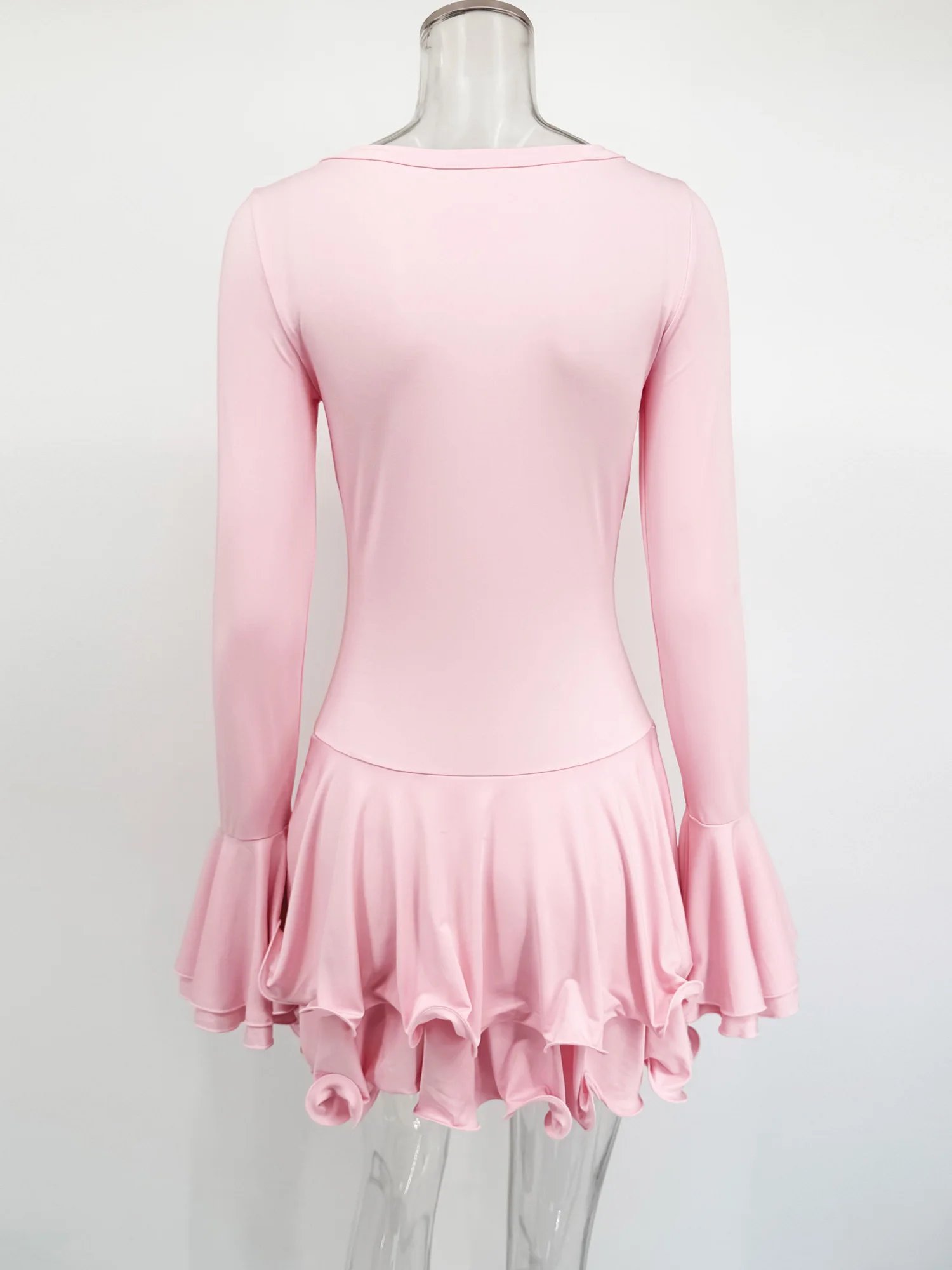 Long Sleeve Ruffled V-Neck Bodycon Mini Dress