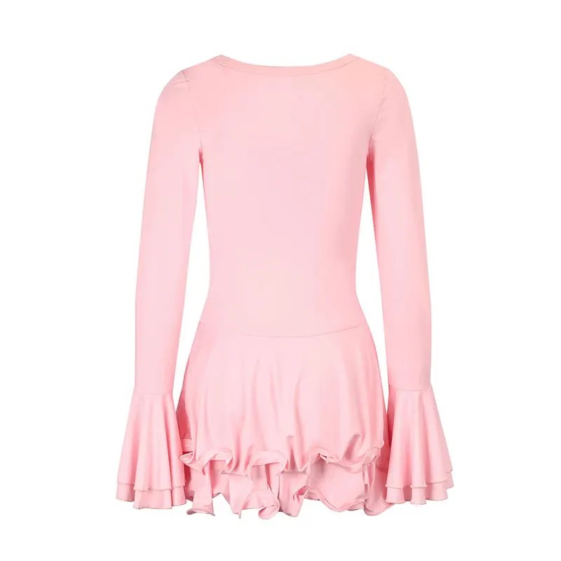 Pink Long Sleeve Ruffle Mini Dress Party Knitted