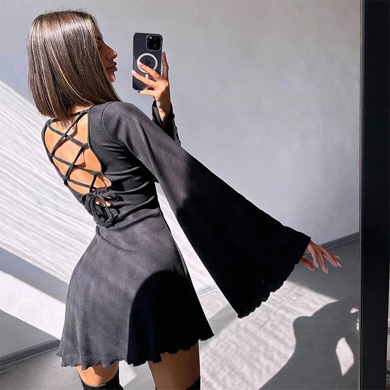 Sexy Backless Mini Dress with Flared Sleeves