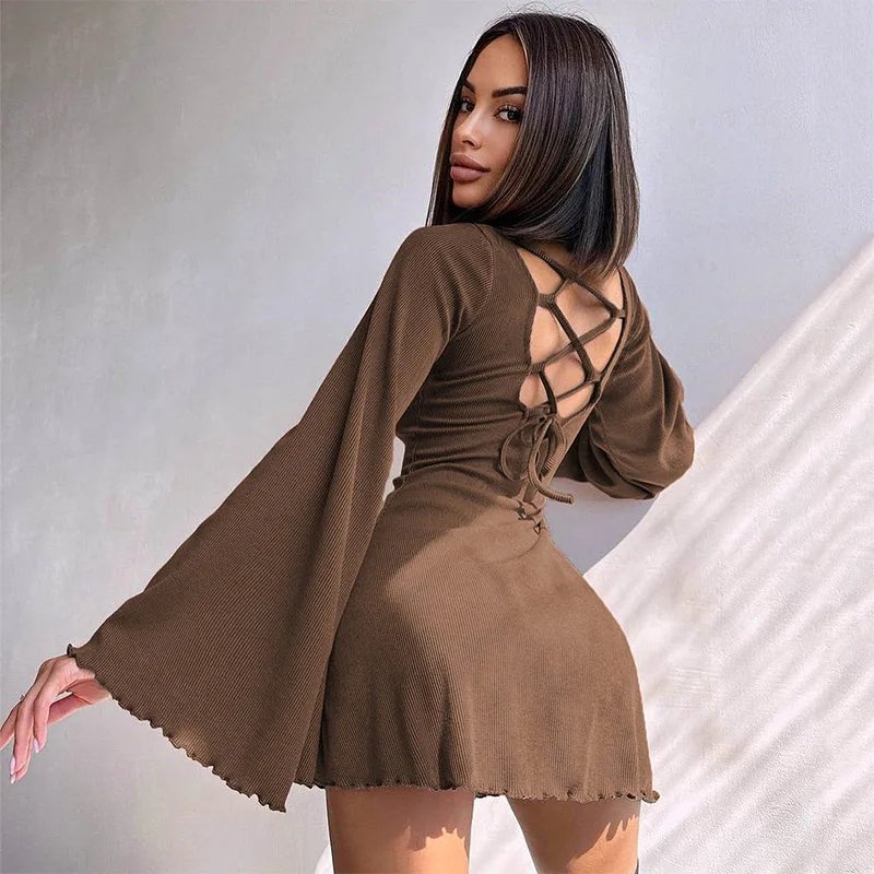 Sexy Backless Mini Dress with Flared Sleeves