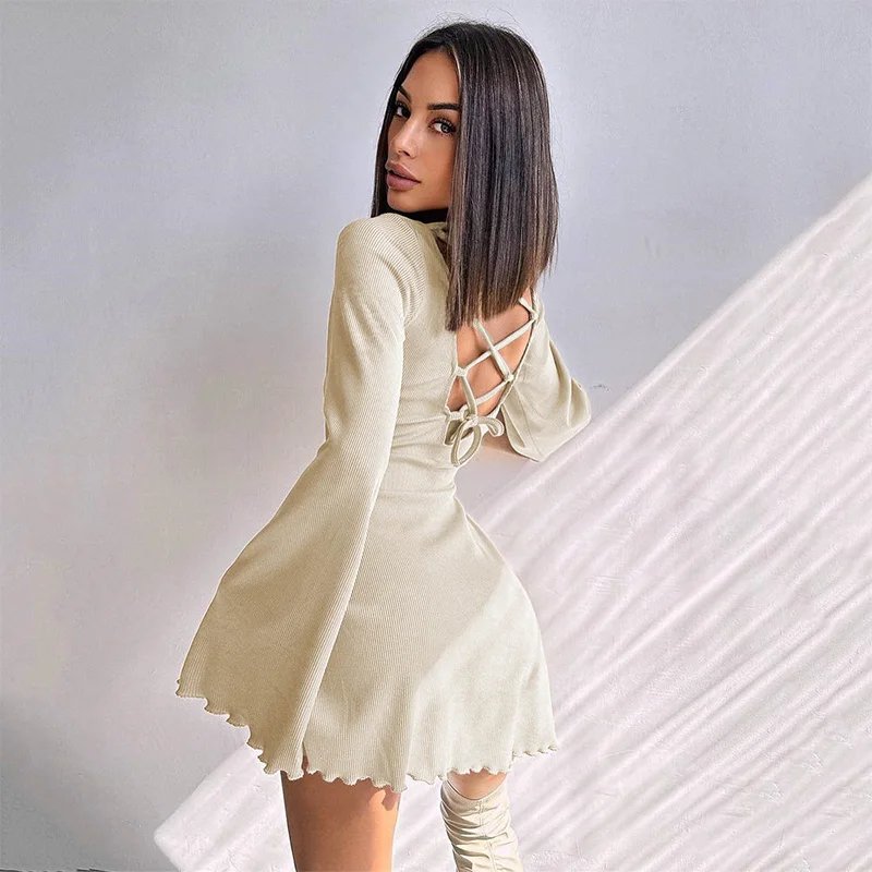 Sexy Backless Mini Dress with Flared Sleeves