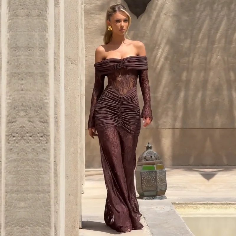 Off Shoulder Lace Maxi Evening Dress