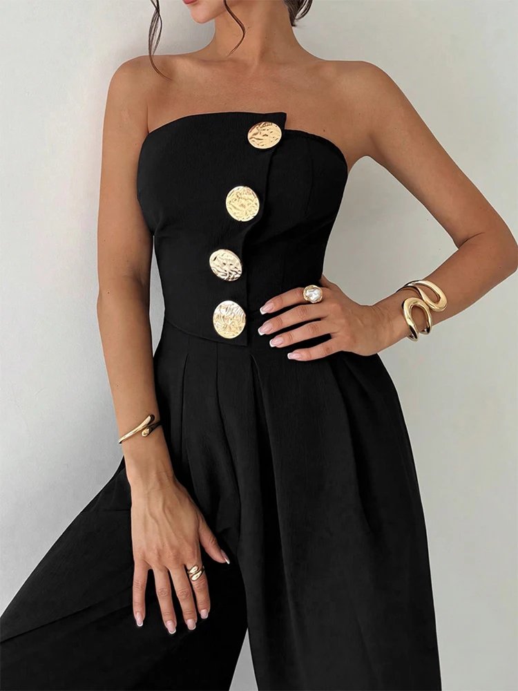 Black Sequined Jumpsuit Backless Sleeveless Wide Leg
