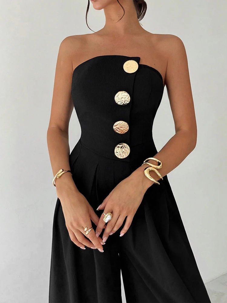 Black Sequined Jumpsuit Backless Sleeveless Wide Leg