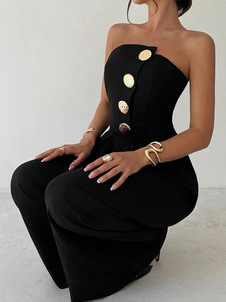 Black Sequined Jumpsuit Backless Sleeveless Wide Leg